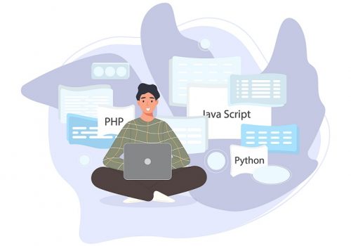 Software developers working of script coding. Engineer character programming in php, python, javascript, other languages. Vector illustration coder concept